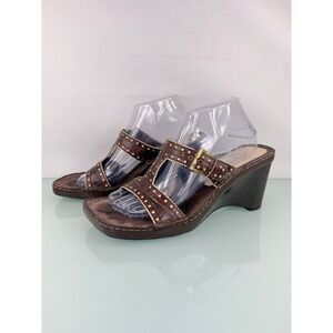 Vintage Y2K Linea Paolo Brown Studded Leather Wedge Sandals Sz 10M Boho Western